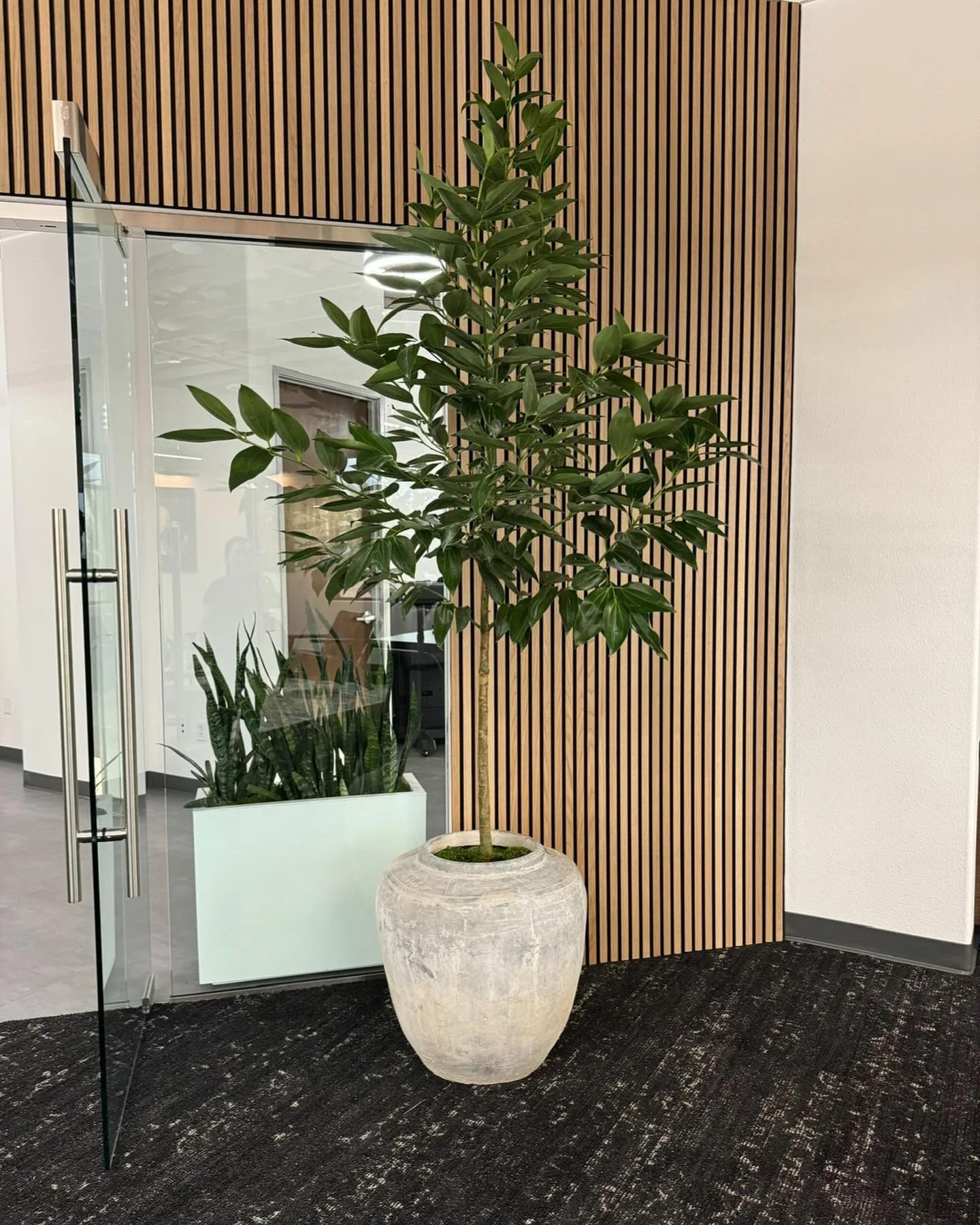 Faux fiddle-leaf installation against a wood-slat wall