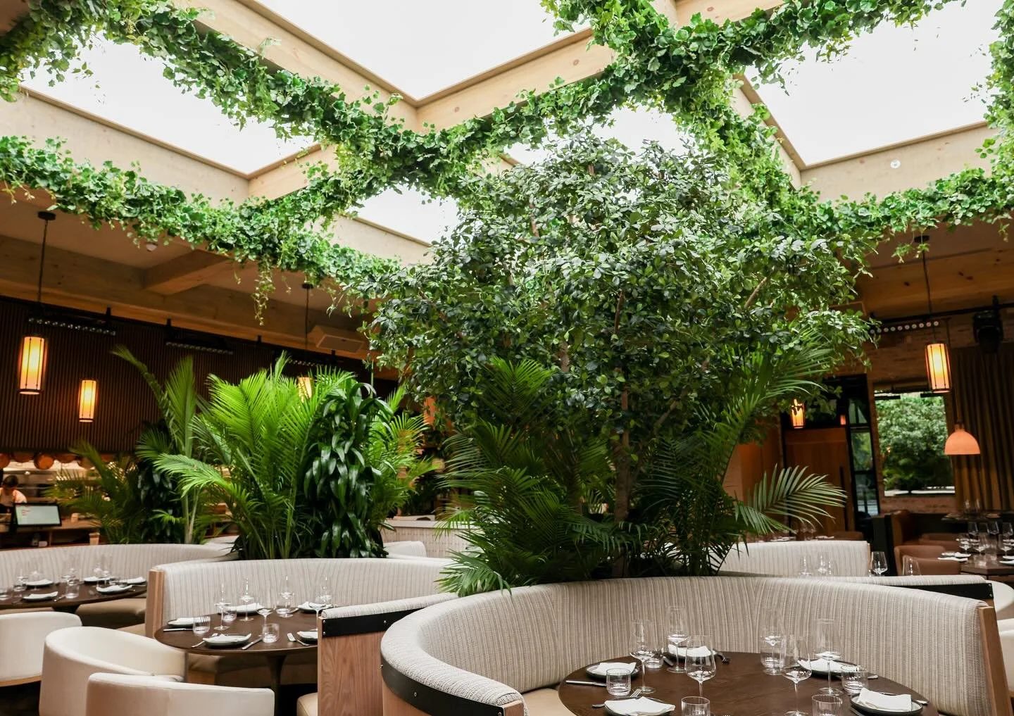 Atrium dining room under a canopy of greenery